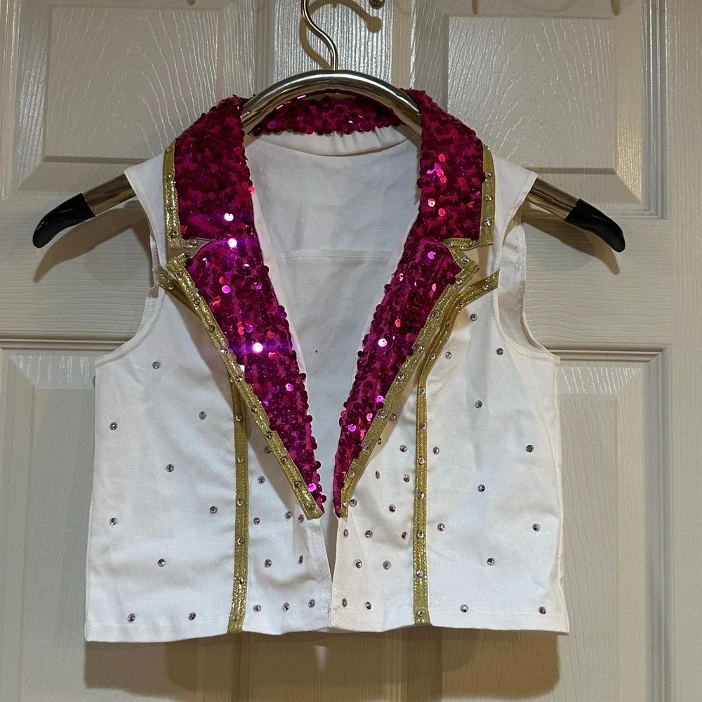 Weissman‎ Girls Dance Vest Pink Sequin Gold Trim Rhinestone LC Large Child Bow